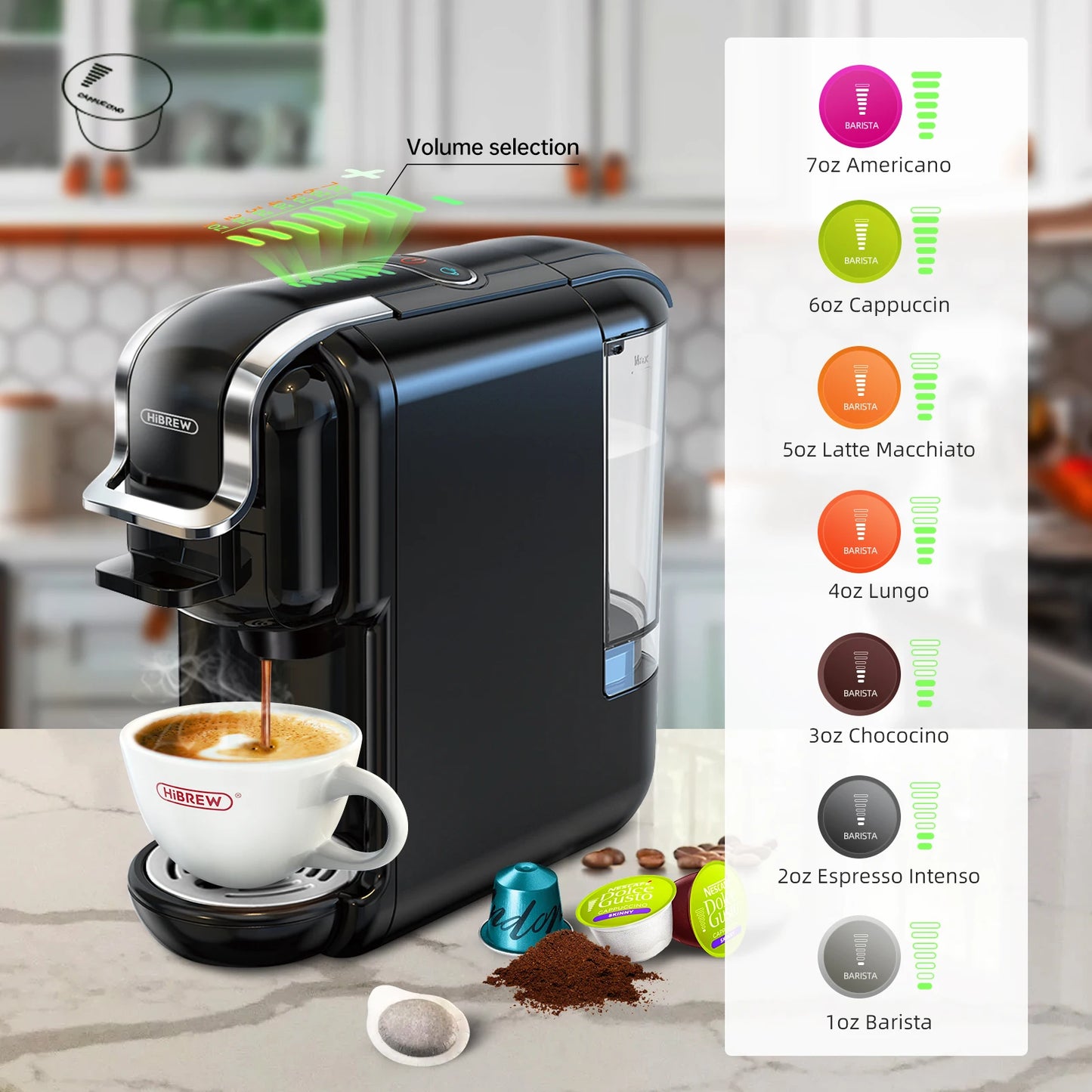 HiBREW Multiple Capsule Coffee Machine Hot/Cold DG Cappuccino Nes Small Capsule, 19Bar 5 in 1 H2B