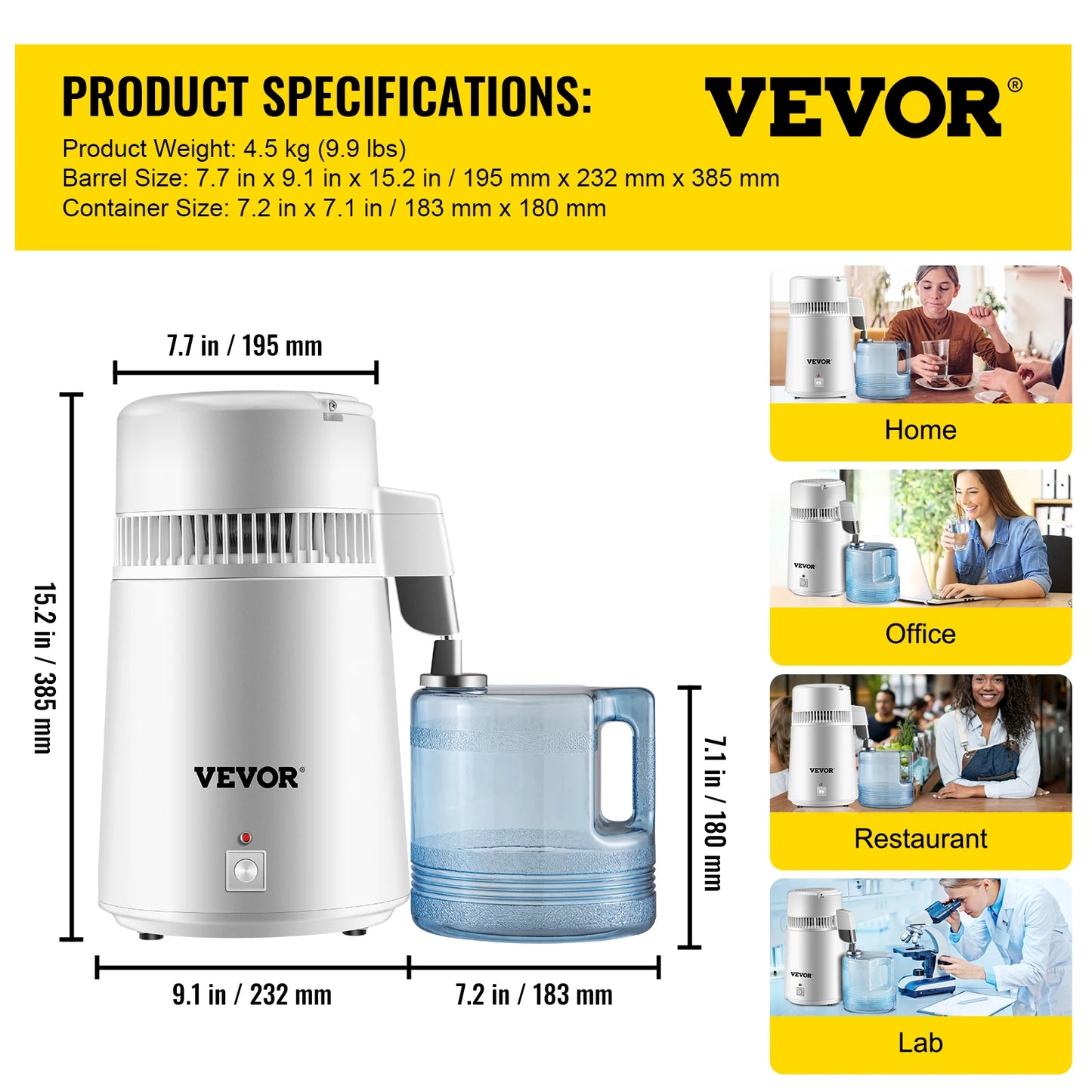 VEVOR 4L Water Distiller Purifier Filter Dispenser Heating Drinking Bottle Softener 304 Stainless Steel Home Appliance