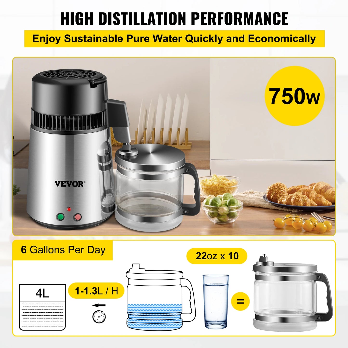 VEVOR 4L Water Distiller Purifier Filter for Drinking Water Bottle Electric Kettle Stainless Steel Cooler Office