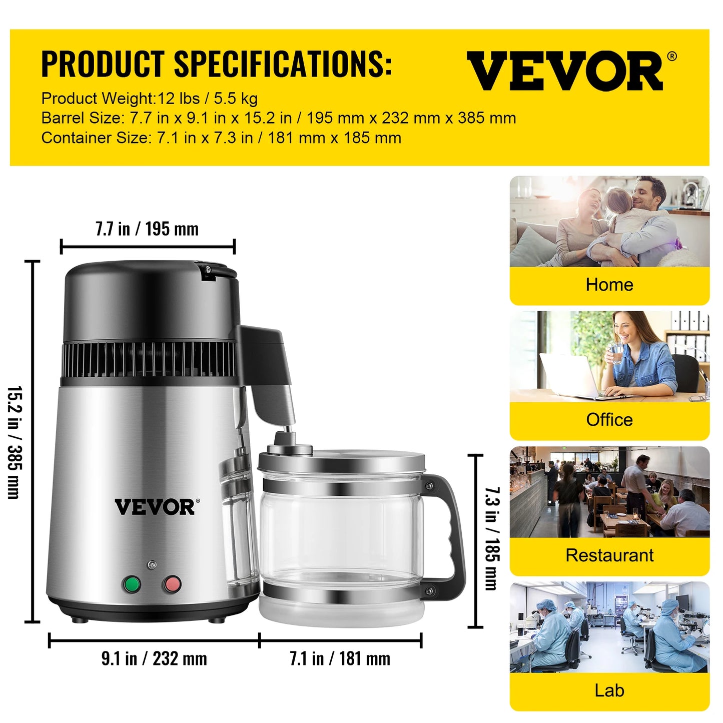 VEVOR 4L Water Distiller Purifier Filter for Drinking Water Bottle Electric Kettle Stainless Steel Cooler Office