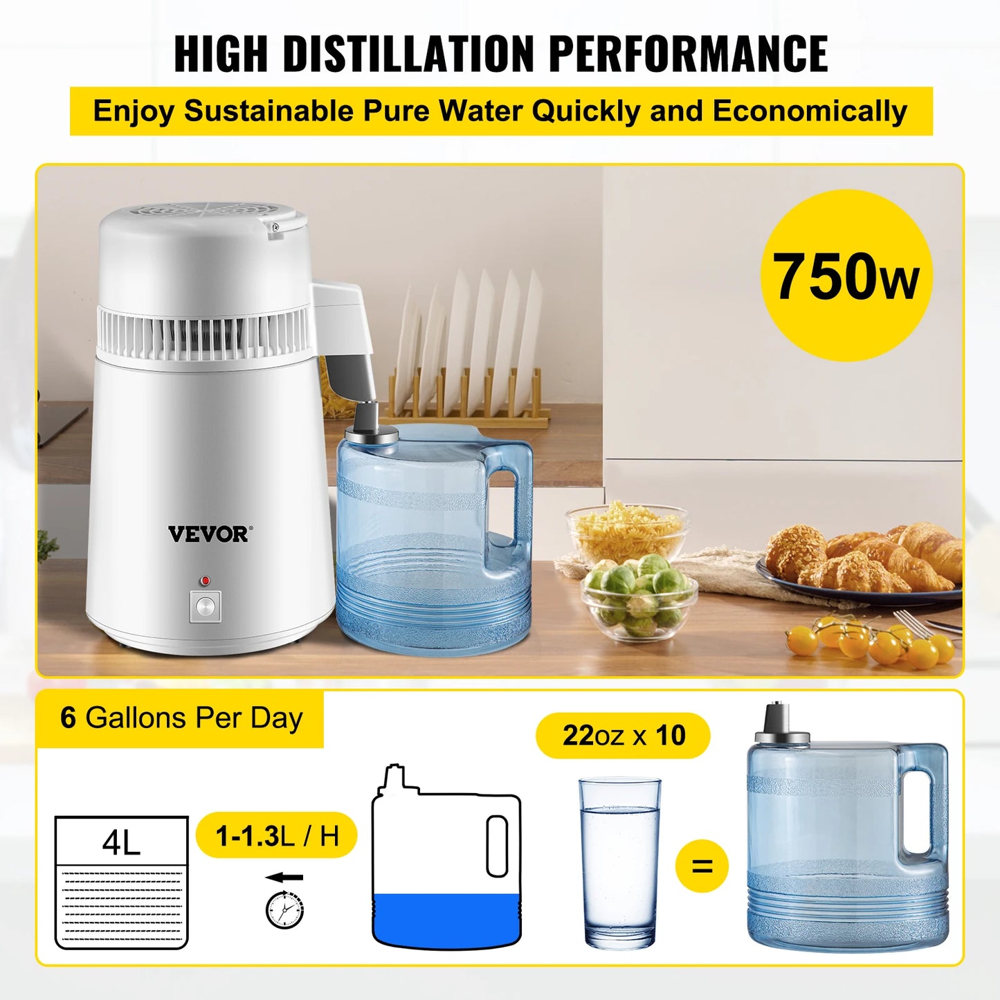 VEVOR 4L Water Distiller Purifier Filter Dispenser Heating Drinking Bottle Softener 304 Stainless Steel Home Appliance